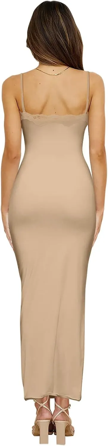 Women's Lace Long Slip Dress Sexy Sleeveless Spaghetti Strap Bodycon Maxi Dresses