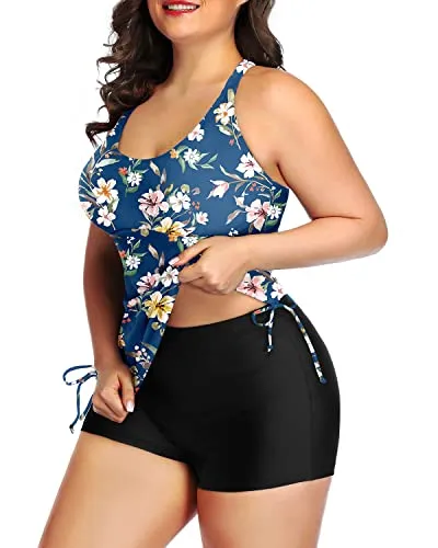 Women's Plus Size Flattering Tankini Set To Hide Mom Belly 2 Piece Swimwear-Blue Flower