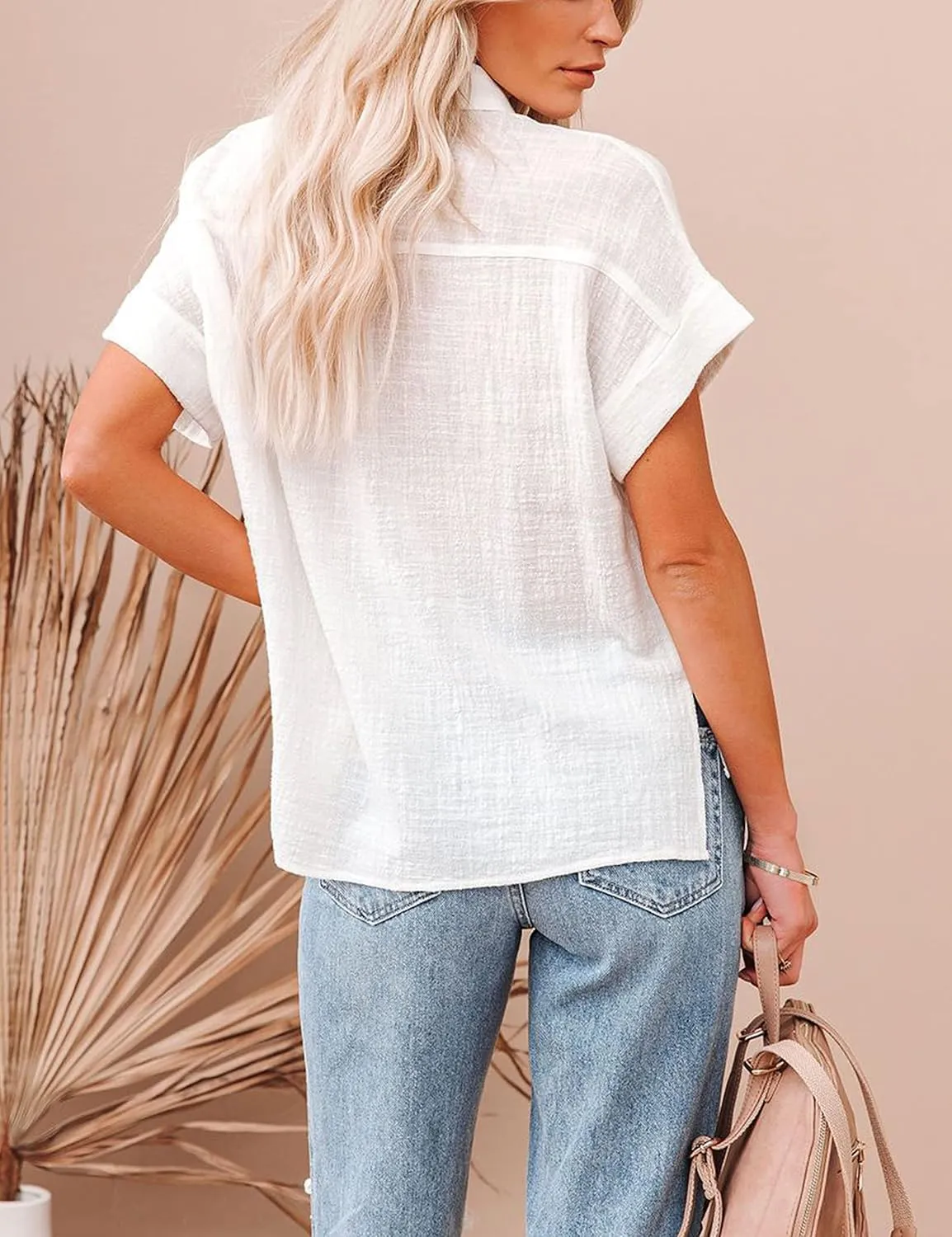 Womens Short Sleeve Cotton Button Down Up Shirt Collared V Neck Tops Shirts Blouses Dress for Women Western Wear