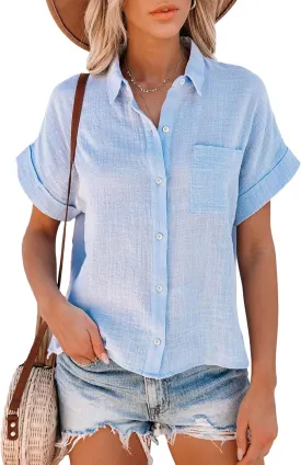 Womens Short Sleeve Cotton Button Down Up Shirt Collared V Neck Tops Shirts Blouses Dress for Women Western Wear