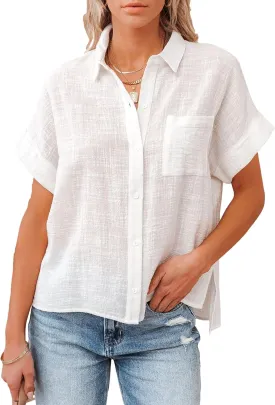 Womens Short Sleeve Cotton Button Down Up Shirt Collared V Neck Tops Shirts Blouses Dress for Women Western Wear