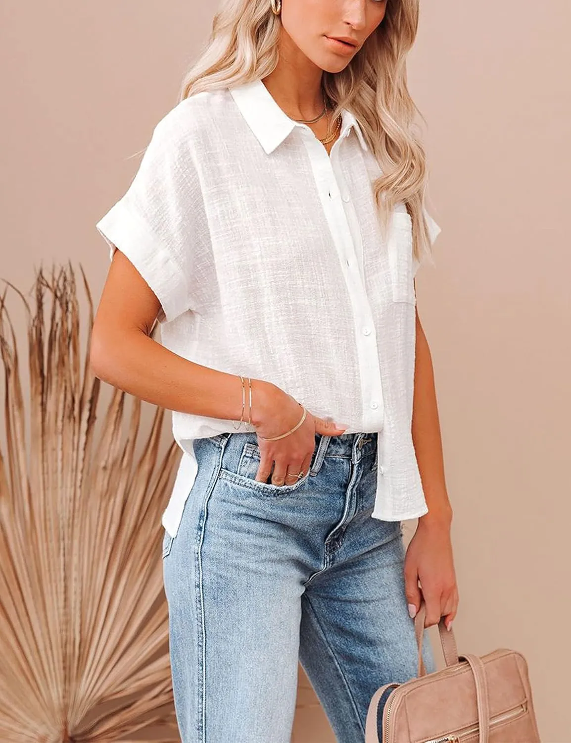 Womens Short Sleeve Cotton Button Down Up Shirt Collared V Neck Tops Shirts Blouses Dress for Women Western Wear