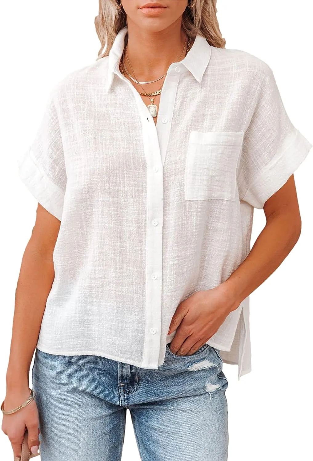 Womens Short Sleeve Cotton Button Down Up Shirt Collared V Neck Tops Shirts Blouses Dress for Women Western Wear