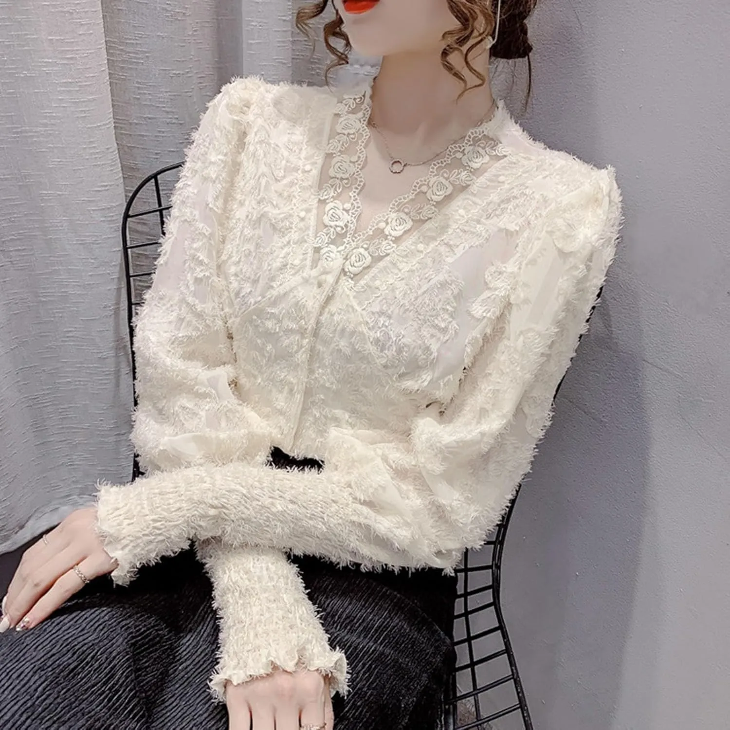 Womens Summer Blouses Lace V-Neck Button-Up Long Puff Sleeves Shirts Casual Ventilated Comfy Party Top