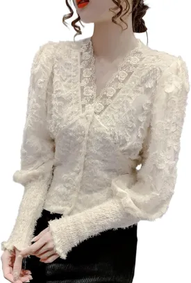 Womens Summer Blouses Lace V-Neck Button-Up Long Puff Sleeves Shirts Casual Ventilated Comfy Party Top