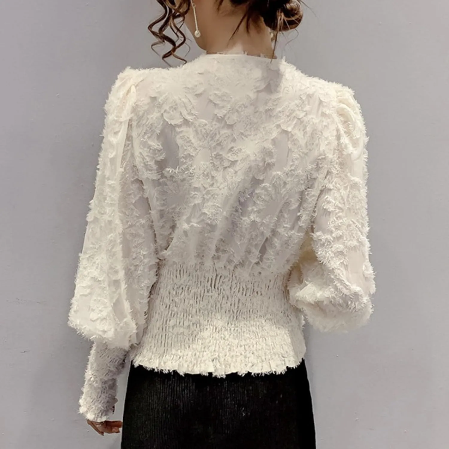 Womens Summer Blouses Lace V-Neck Button-Up Long Puff Sleeves Shirts Casual Ventilated Comfy Party Top