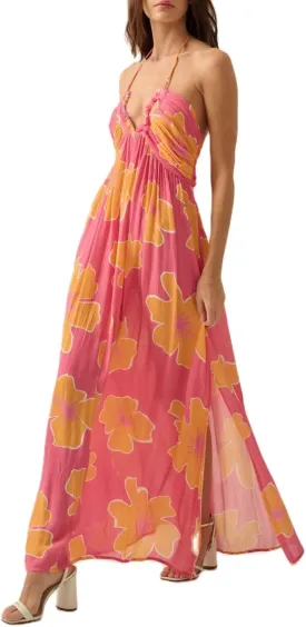 Women's Summer Boho Halter Neck Floral Maxi Sundress Sexy Sleeveless Tie Backless Low Cut Long Flowy Ruffle Dress