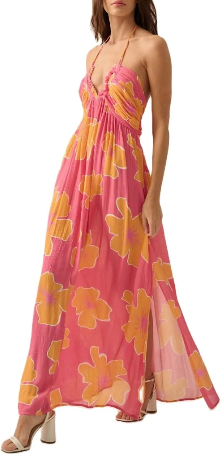 Women's Summer Boho Halter Neck Floral Maxi Sundress Sexy Sleeveless Tie Backless Low Cut Long Flowy Ruffle Dress