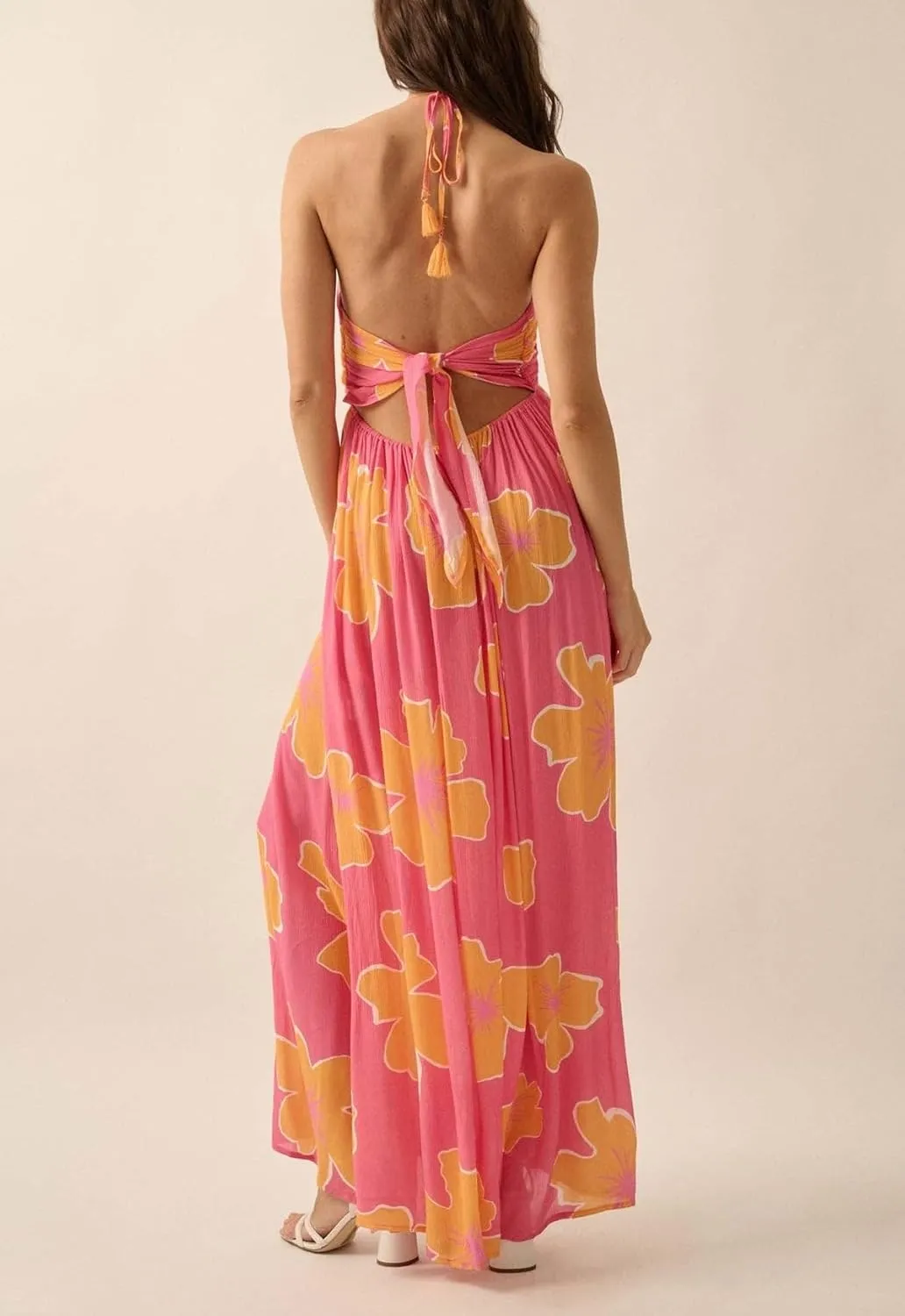 Women's Summer Boho Halter Neck Floral Maxi Sundress Sexy Sleeveless Tie Backless Low Cut Long Flowy Ruffle Dress