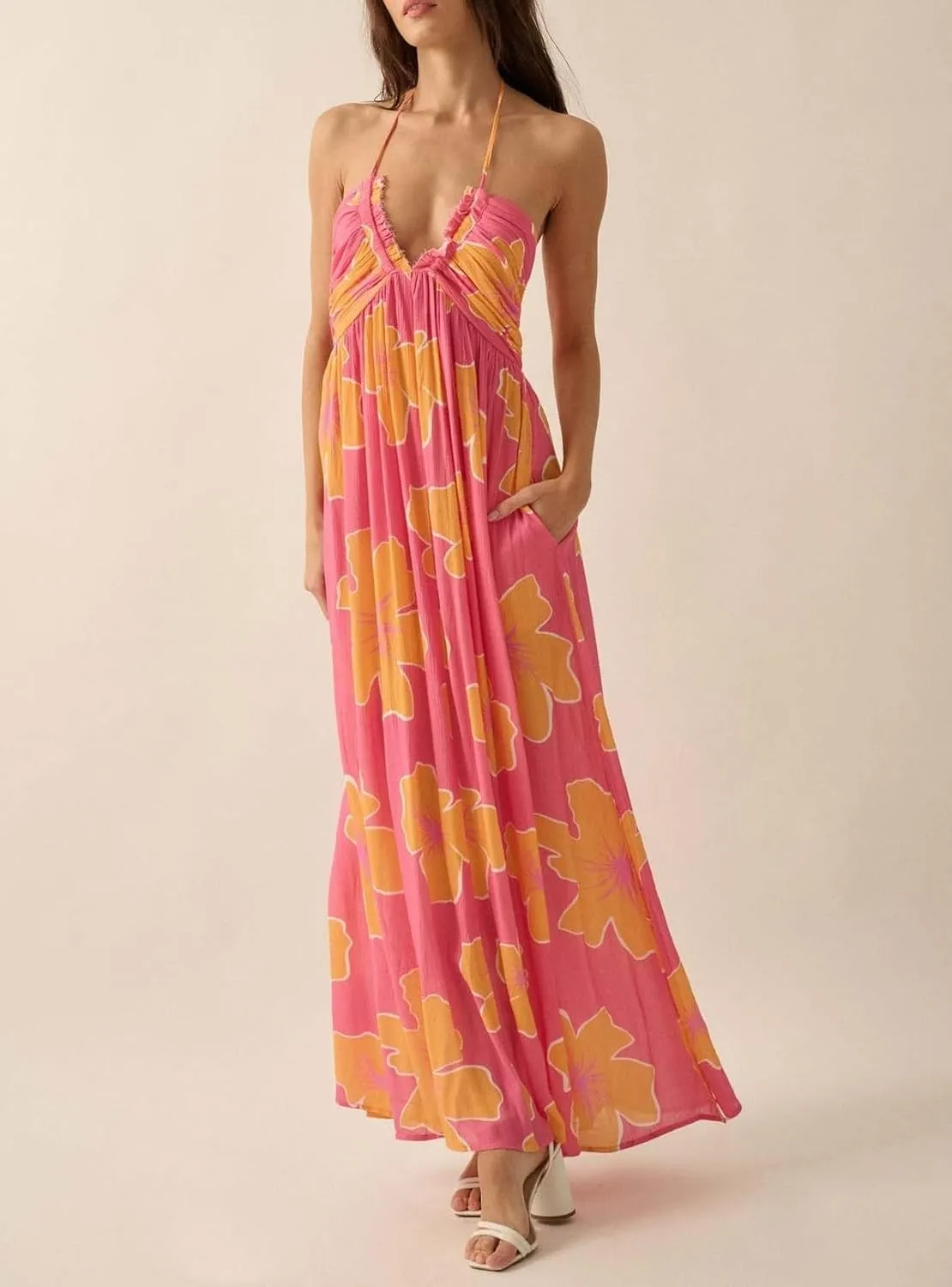 Women's Summer Boho Halter Neck Floral Maxi Sundress Sexy Sleeveless Tie Backless Low Cut Long Flowy Ruffle Dress