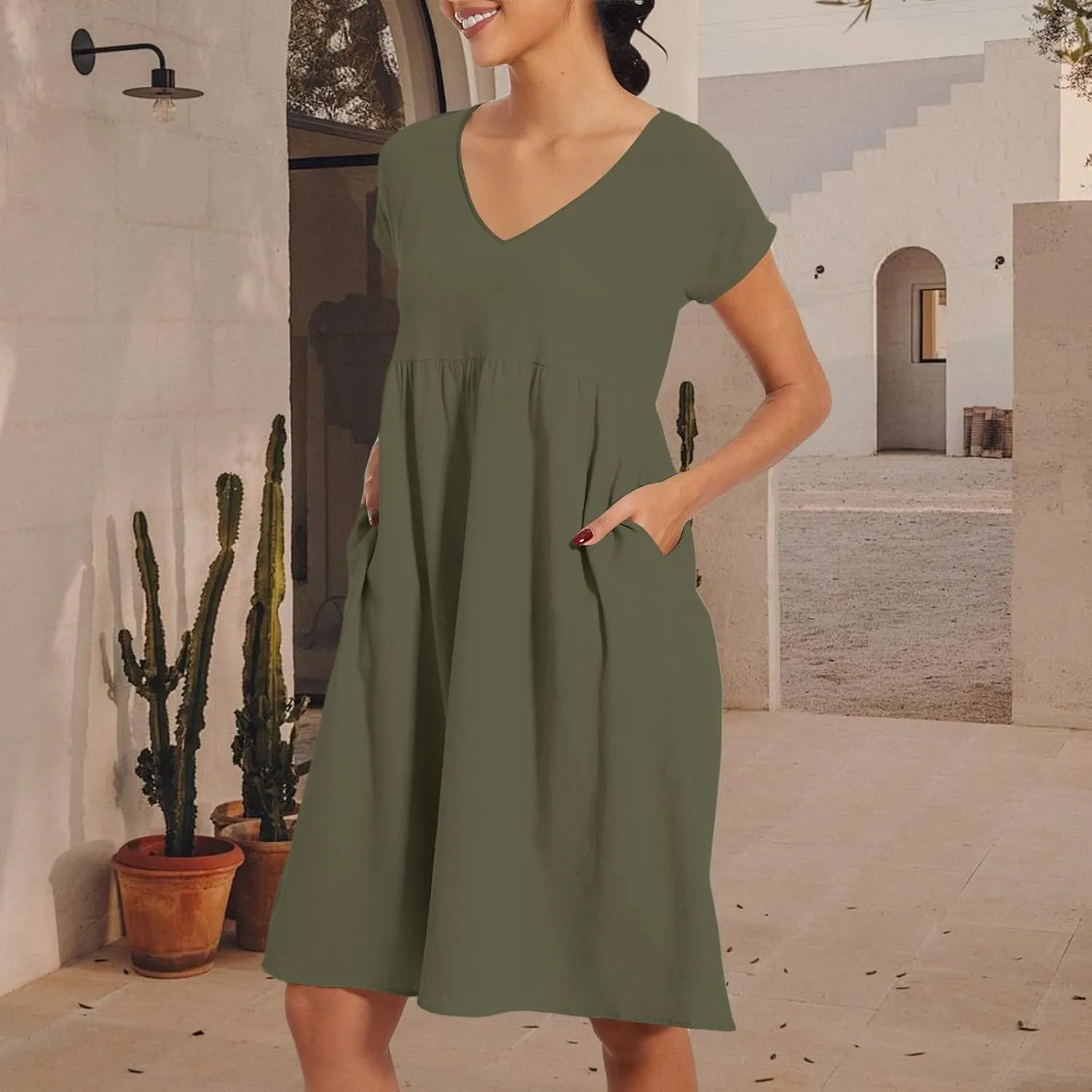 Women's Summer Dresses 2025 Beach Casual Deep V Neck Loose Short Sleeve Mini Sundress with Pockets