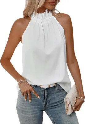 Women's Summer Halter Tops Tie Back Frill Sleeveless Casual Blouses for Women Dressy Work Shirts