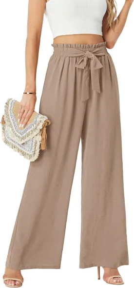 Womens Wide Leg Pants High Waist Flowy Adjustable Knot Loose Trousers Casuals Lounge Business Pants with Pockets