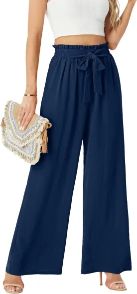 Womens Wide Leg Pants High Waist Flowy Adjustable Knot Loose Trousers Casuals Lounge Business Pants with Pockets