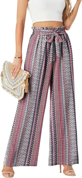 Womens Wide Leg Pants High Waist Flowy Adjustable Knot Loose Trousers Casuals Lounge Business Pants with Pockets