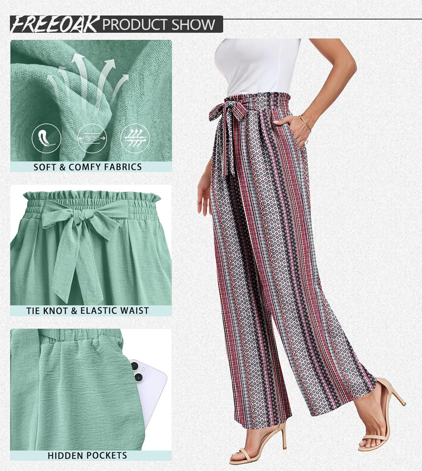 Womens Wide Leg Pants High Waist Flowy Adjustable Knot Loose Trousers Casuals Lounge Business Pants with Pockets