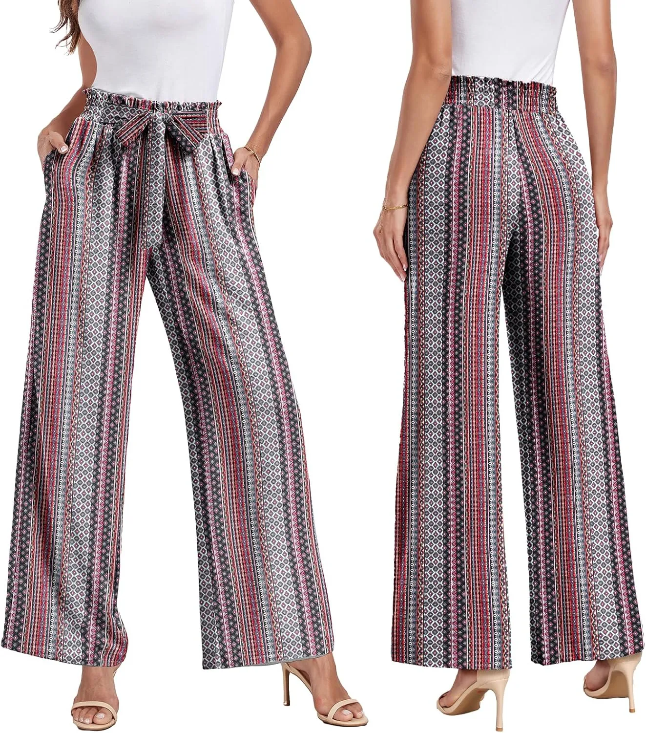 Womens Wide Leg Pants High Waist Flowy Adjustable Knot Loose Trousers Casuals Lounge Business Pants with Pockets