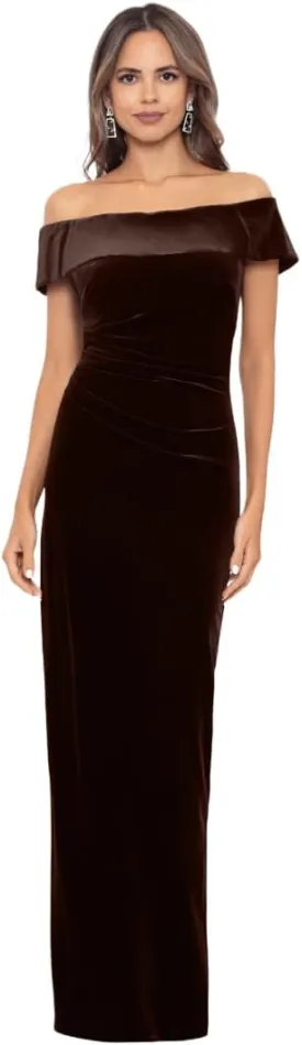 Xscape Women's Velvet Off-The-Shoulder Popover Maxi Dress with Zippered Back Closure
