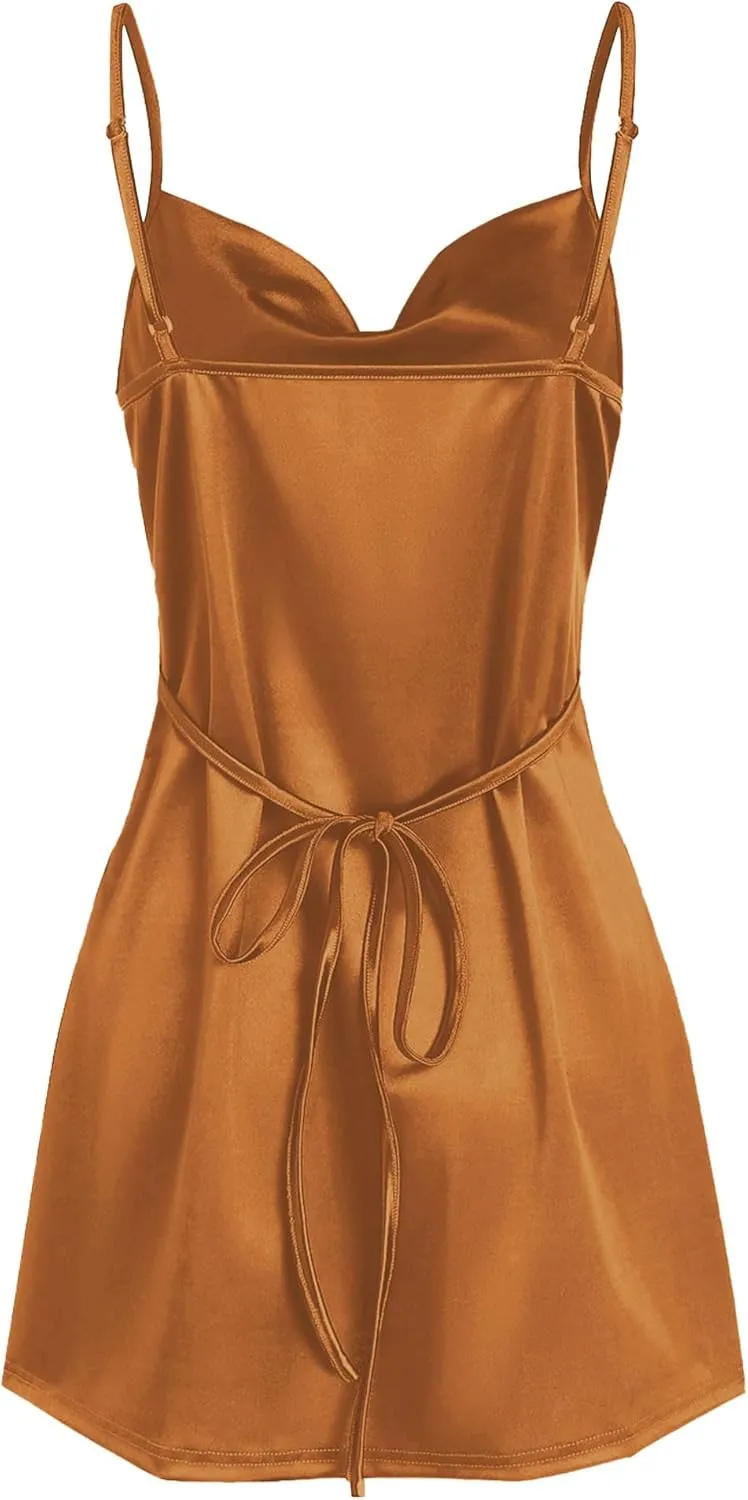 ZAFUL Women's Satin Sleeveless Spaghetti Strap Mini Dress Sexy Slip Cowl Neck Silky Cocktail Party Dresses